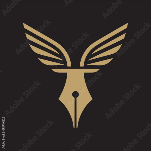 Golden winged fountain pen nib on logo design