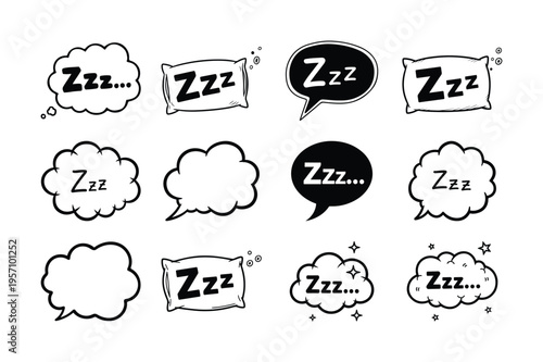 Black and white cartoon speech bubbles displaying zzz symbols with pillows indicating sleep high quality professional