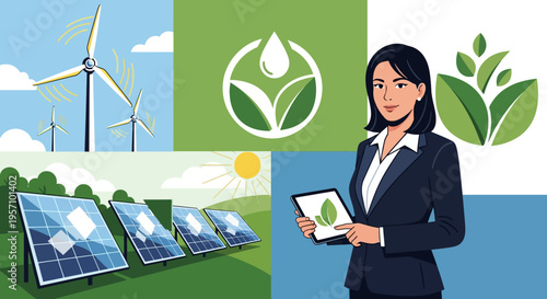 Vector illustration of eco-friendly businesswoman with solar panels and wind turbines