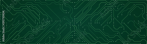 Futuristic circuit board design with bright green lines and white nodes on a dark green gradient background representing advanced technology and data networks