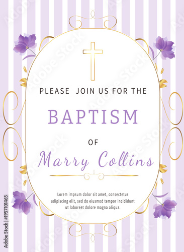 Christian Baptizing Invitation with golden frame, text, glowing golden cross, flowers, golden vintage elements. Vector template
