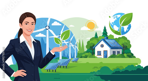 Eco-friendly business woman presenting sustainable energy vector