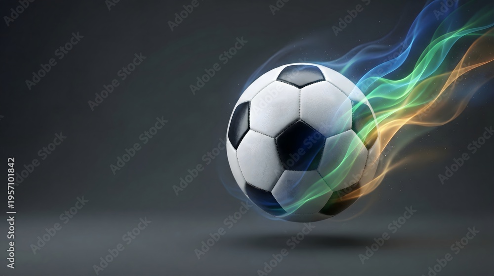Naklejka premium Soccer ball with diagonal energy wave burst representing impact and high energy football action.