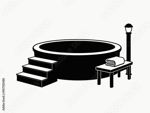 Illustration shows a hot tub with steps and a bench nearby