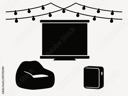 A living room scene with a TV, bean bag chair, and tablet under string lights