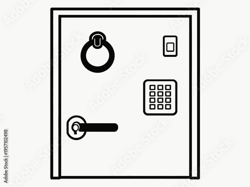 A safe with a handle, keypad, and lock is shown closed.