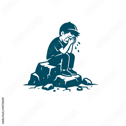 Baby Boy Crying Sitting on a Broken Stone