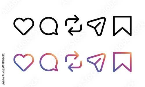 Social Media Icons Set Like Comment Share Send Save Line Icons