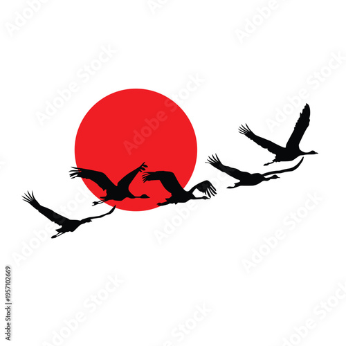 Flock of Cranes Flying in Formation Against a Vibrant Red Sun, Symbolizing Freedom and Migration
