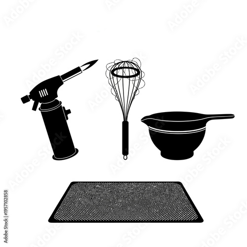 Illustration of kitchen tools and mat on countertop for cooking