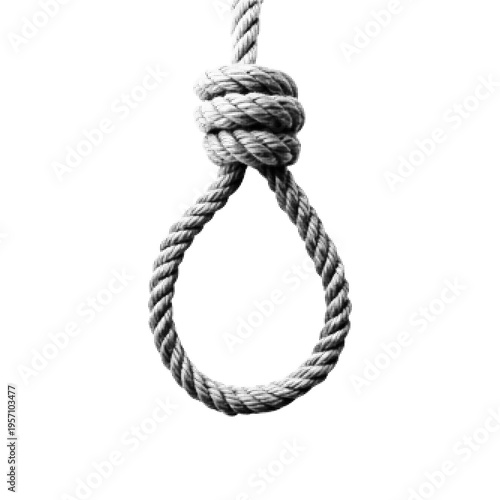 Monochrome halftone illustration of rope noose, looped knot symbol, minimal design, danger and crime concept isolated on white background.