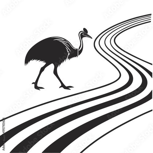 Vector illustration of ostrich on road tracks