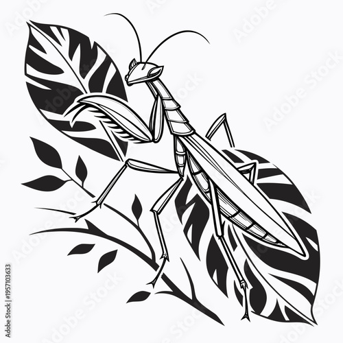 Vector illustration of a praying mantis on leaves