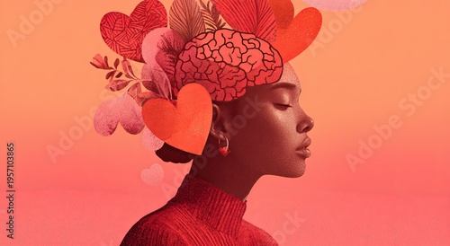  A woman's head with brain and heart inside profile