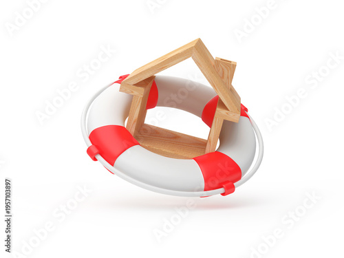 Home protection concept with a house in a lifebuoy. 3D illustration.