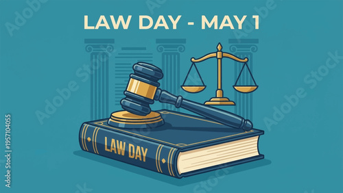 Vector illustration of law day symbols, gavel, scales, and book