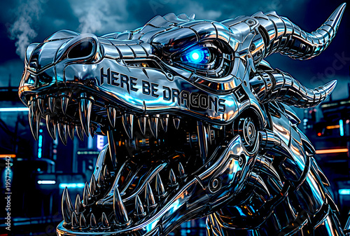 Chrome Dragon  illustration from the perspective of the mouth text (here be dragons)