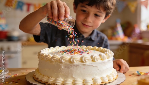 Boy pouring sprinkles on cake in warm home kitchen with tall frosting swirls and party mood