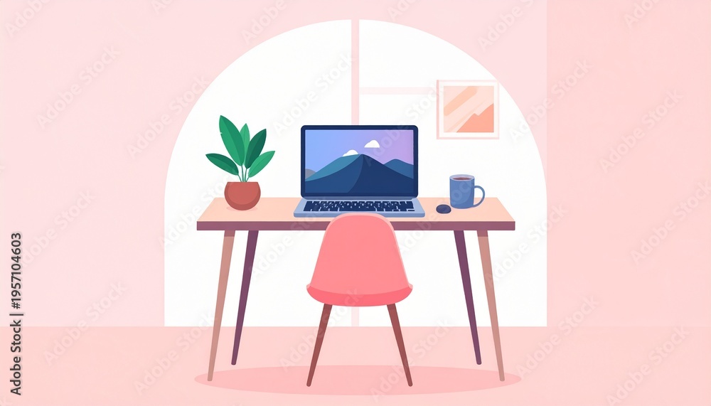 Fototapeta premium Flat vector illustration of modern home office workspace with desk