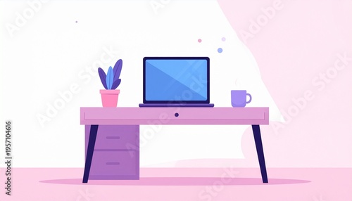Flat vector illustration of modern home office workspace with desk