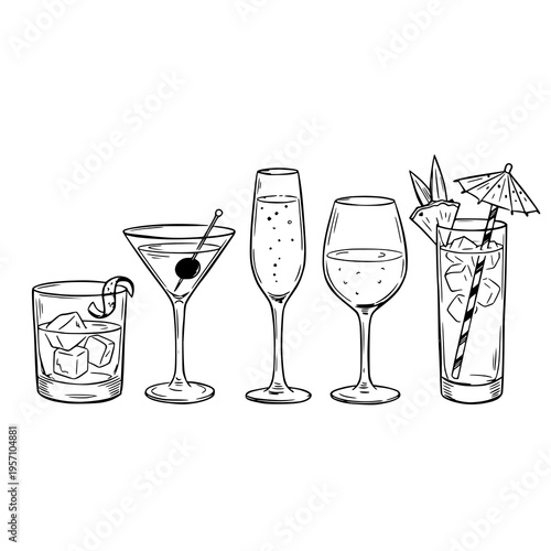 Cocktail and Drinks Doodle Icon Set - Hand Drawn Vector Illustration