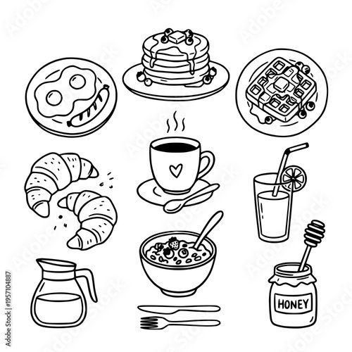 Breakfast and Bakery Food Doodle Icon Set - Hand Drawn Vector Illustration