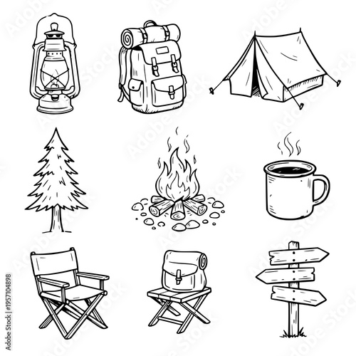 Camping and Outdoor Adventure Doodle Set - Hand Drawn Vector Illustration