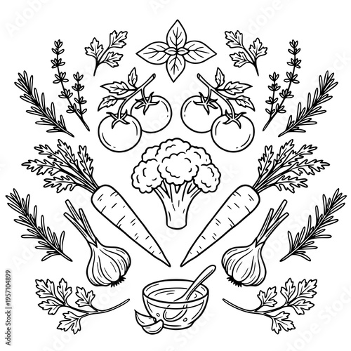 Botanical Herbs and Flowers Doodle Set - Hand Drawn Vector Illustration