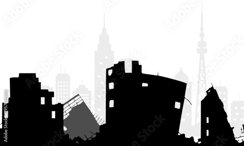 Black silhouette of tilting and severely damaged buildings leaning at dangerous angles against an urban city skyline with a broadcast tower, depicting earthquake destruction, structural instability