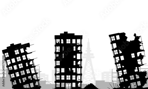  Dramatic silhouette of destroyed city buildings and collapsed skyscrapers after earthquake disaster or war, depicting urban devastation, ruins, and apocalyptic destruction against a white sky
