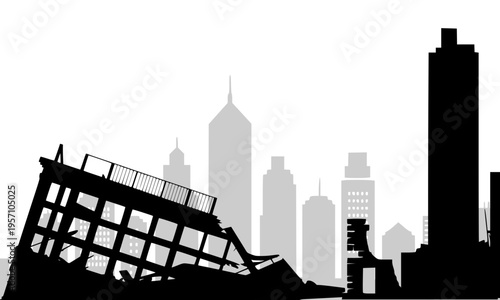 Black silhouette of a collapsed building structure and debris in the foreground against a detailed urban city skyline, depicting earthquake devastation, structural failure, and post-disaster ruins