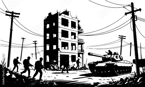 Black and white illustration of soldiers marching with a military tank through a destroyed war-torn city street, depicting urban combat, conflict, and the devastating aftermath of war