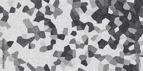 Abstract grayscale geometric mosaic pattern with grainy texture and irregular polygon shapes creating a textured background for design and digital art applications
