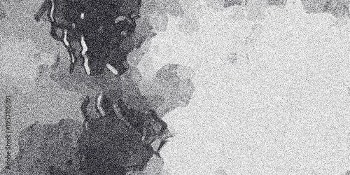 Abstract grayscale organic cloud-like formations with a grainy texture and dark smudged edges against a speckled white background, suitable for artistic backgrounds and design elements