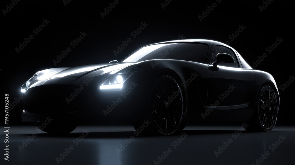 Fototapeta premium Generic aerodynamic sports car outline with radiant headlights and moody lighting