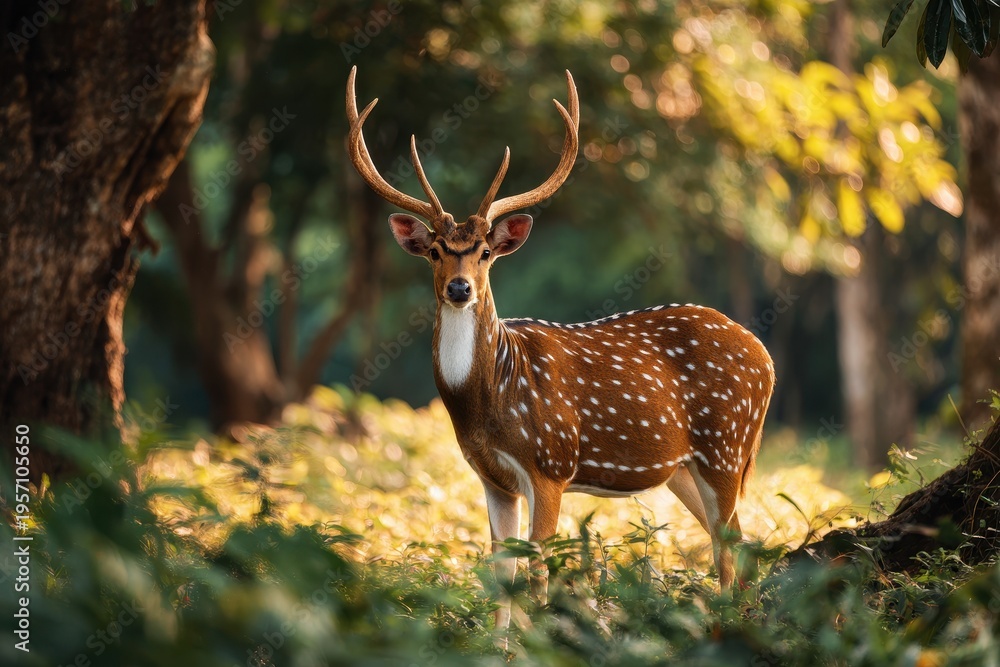 Obraz premium Golden hour view of an axis deer in a grassy clearing