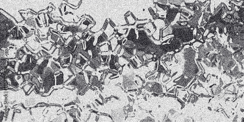 Detailed abstract monochrome texture with interlocking geometric shapes and granular noise creating a complex and intricate digital pattern for graphic design and backgrounds