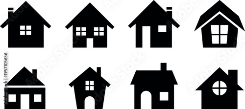 Collection of eight black silhouette house icons on white background
