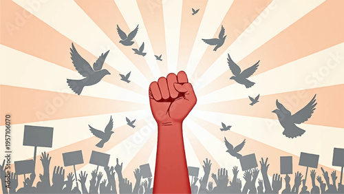 Vector illustration of protest crowd with raised fist and flying doves
