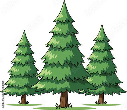 Cartoon pine tree set with lush green branches and forest style design isolated on white background, nature evergreen vector illustration collection