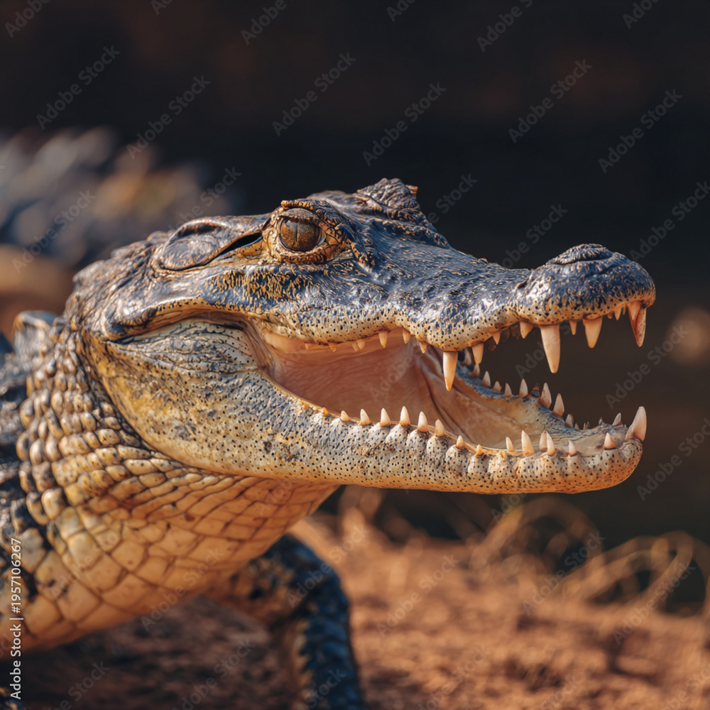 Fototapeta premium A close-up portrait of a young crocodile. A close-up of a crocodile resting on the shore, capturing the serene beauty and danger of the wild, highlighting the subtleties of nature and the predator's f