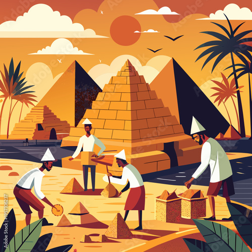 Flat Vector Illustration of Ancient Egyptian Pyramids and Workers in Desert