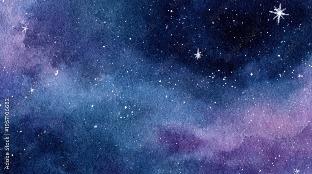 Obraz premium Indigo to violet night sky in watercolor, subtle galaxy with large text area