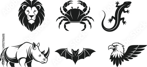 Collection of Animal Logo Silhouettes Featuring Lion Crab Lizard Rhinoceros Bat and Eagle Heads Isolated on White Background for Branding Tattoo and Graphic Design
