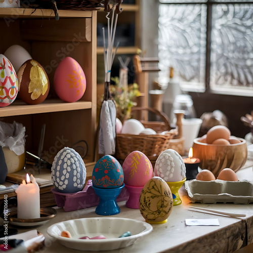 Easter handmade knitted egg decorations with candle on rustic wooden table