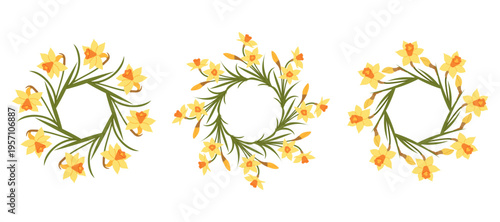 Set decorative floral wreaths made of yellow daffodil flowers and green leaves. Bright spring botanical frames for wedding invitations, greeting cards, branding, packaging and seasonal designs.