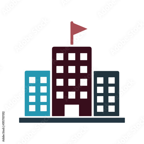 Stylized illustration of three modern buildings with a flag on the central structure, representing a city or corporate campus.