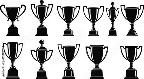 Collection of black trophy silhouettes isolated on light background, various classic cup award designs for sports competition, victory, championship, winner recognition, vector icon set