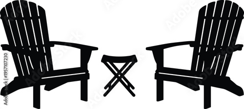 Adirondack chairs silhouettes vector illustration with outdoor furniture, stool table, patio relaxation, and garden leisure design