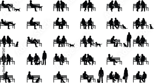 Bench silhouettes vector illustration with people sitting, pets, dogs, cats, leisure, companionship, and social interactions